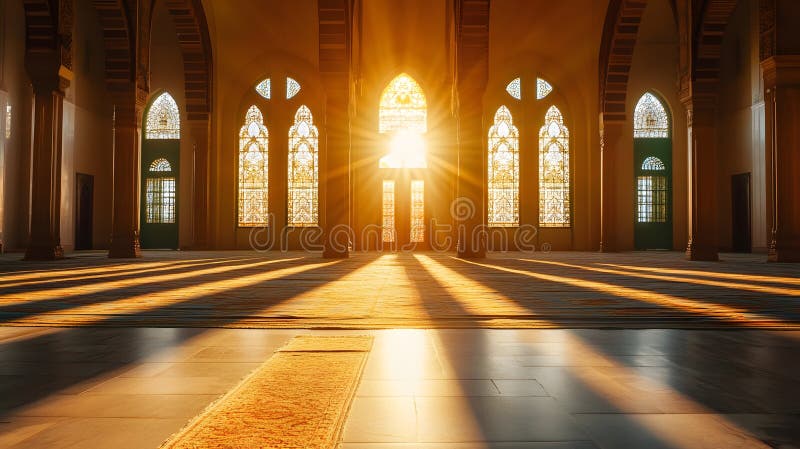 Interior of a mosque illuminated by golden light streaming through ornate windows, symbolizing the Divine Light