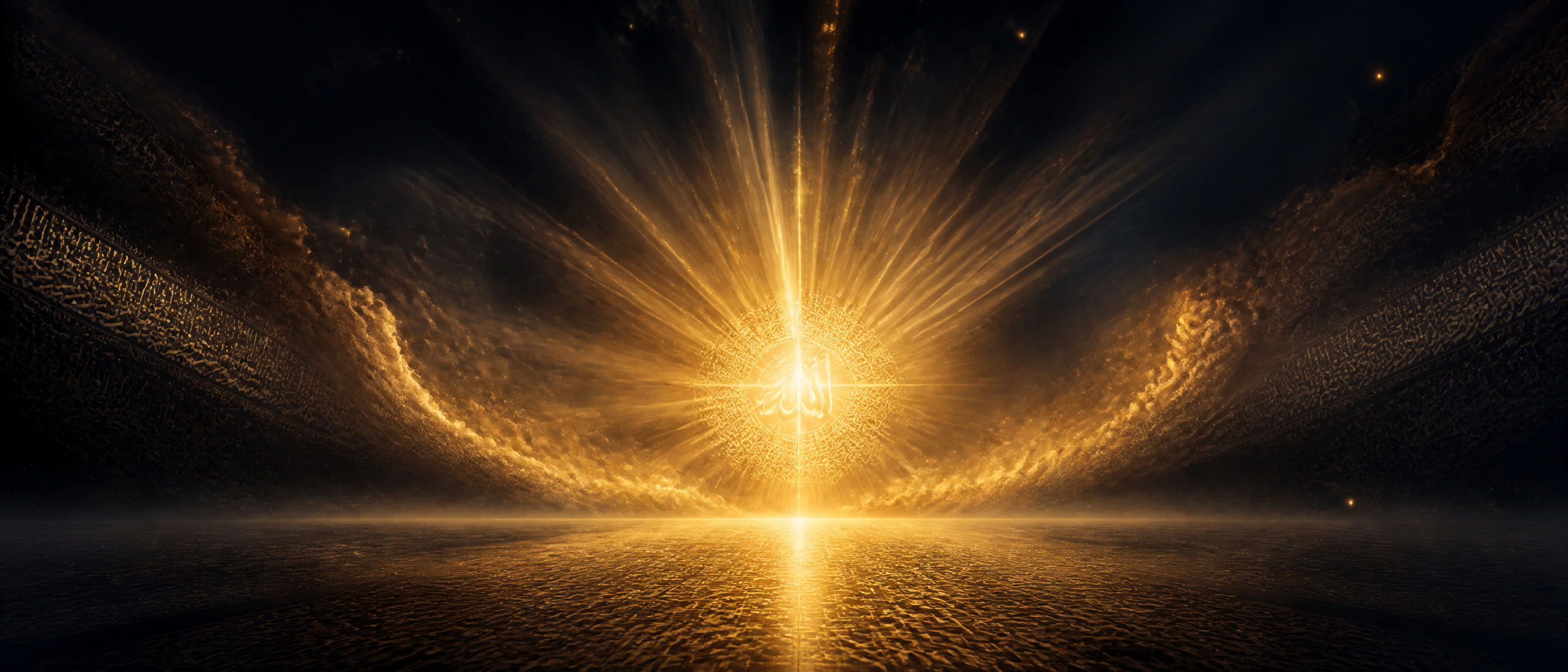 Mystical golden light emanating from darkness representing Nur Muhammad