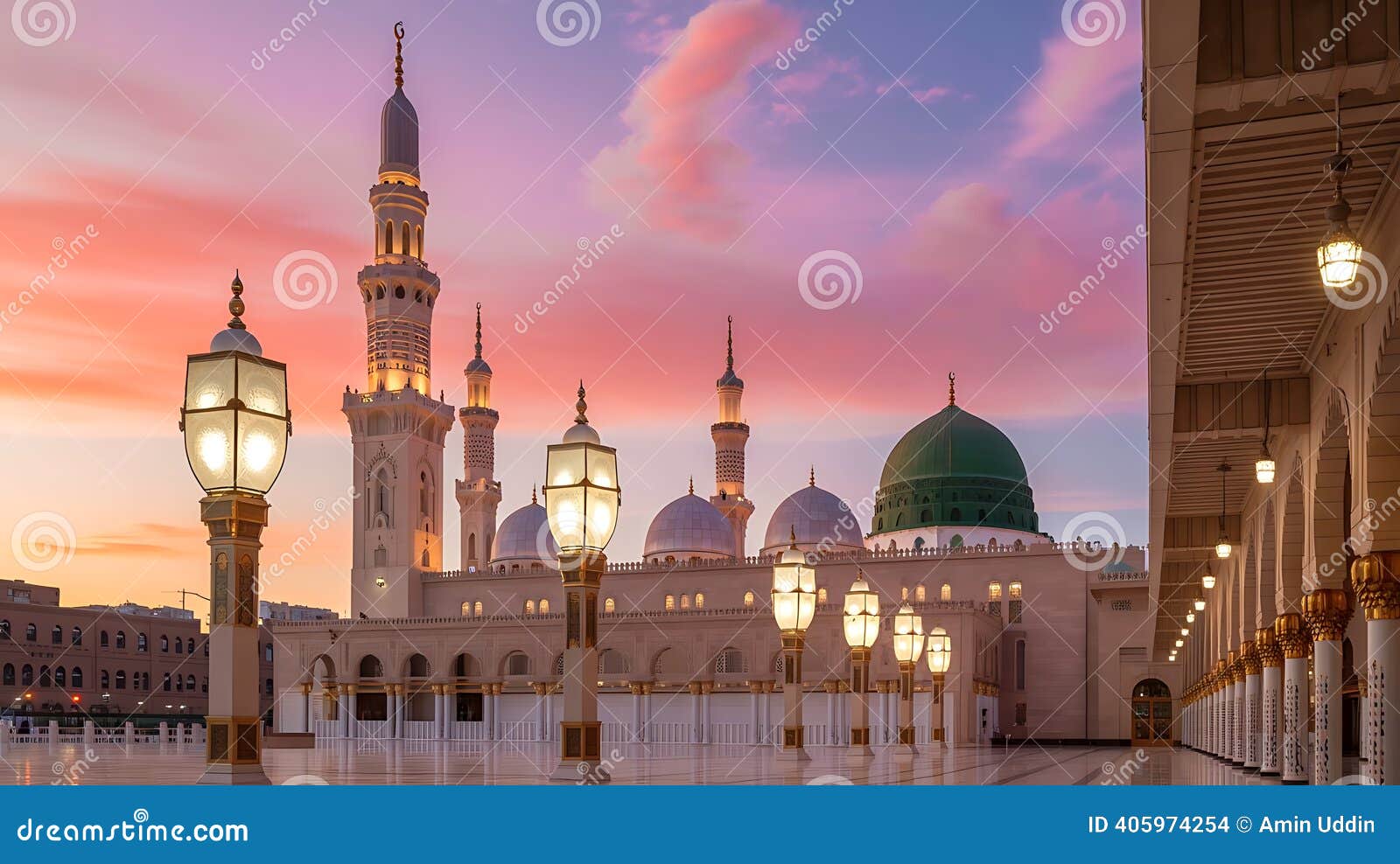 Masjid Nabawi at golden sunset with the green dome and minarets